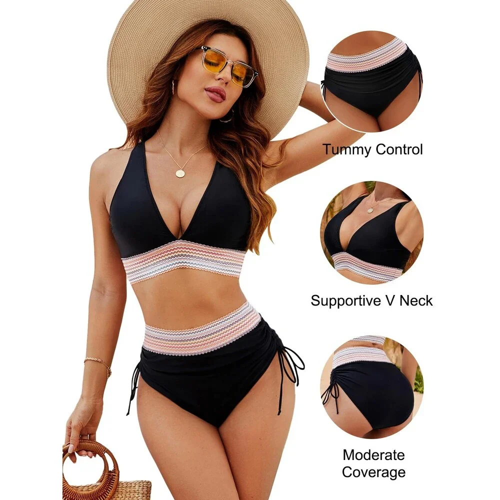 Blooming Women's Black Jelly High Waisted Bikini Sets Tummy Control Bathing XS